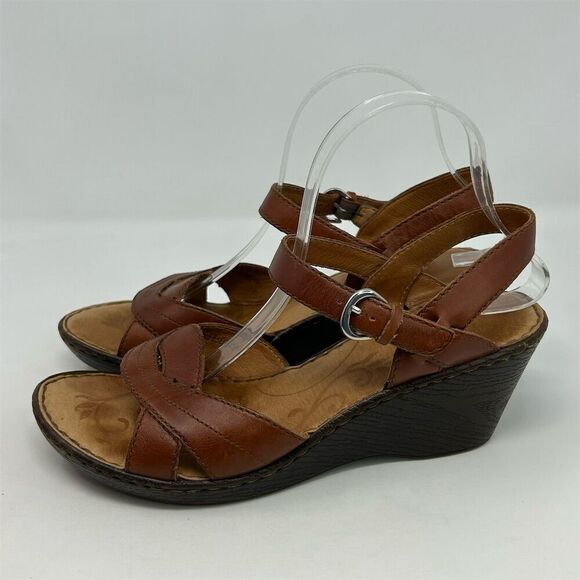 Born Women's Cognac Brown Leather Slingback Casual Wedge Sandals Size 10 - Picture 7 of 15